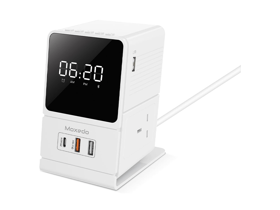 Moxedo Multi- Function 3250W Desktop Charging Hub 2 AC Socket and 3 USB Ports Power Strip 20W USB-C Port 18W QC Port with Wireless Bluetooth Speaker Digital Alarm Clock in Qatar Moxedo Multi- Function 3250W Desktop Charging Hub 2 AC Socket and 3 USB Ports Power Strip 20W USB-C Port 18W QC Port with Wireless Bluetooth Speaker Digital Alarm Clock in Qatar